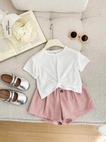 SHEIN Leap Crew Babygirl 夏季可爱针织白色短袖扭纹上衣短裤套装 - 彩色 - 查看 1