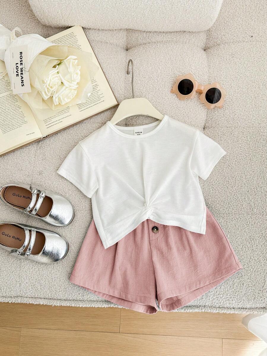 SHEIN Leap Crew Babygirl 夏季可爱针织白色短袖扭纹上衣短裤套装 - 彩色 - 查看 1