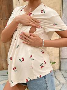 SHEIN T-shirt d'été de maternité décontracté à col rond et épaules tombantes avec imprimé cerises