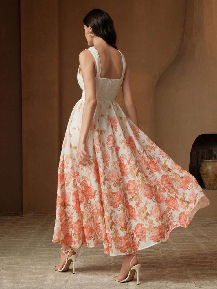 Spring/Summer New Arrival Party & Vacation Floral Print Sleeveless Spaghetti Strap A-Line Dress For Women