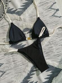 SHEIN Swim 2 件套女士夏季休闲沙滩装纹理拼接金属贝壳装饰性感三角杯航海风格海军蓝和白色比基尼套装 - 黑色 - 查看 2