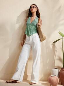 Chiquease Top camisole de mujer con diseño elegante, sin mangas, con escote en V, espalda descubierta y cuello halter con lazo, estilo vacacional - Verde - Ver 6