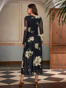 ZEYLAH 女士优雅花卉印花褶饰网眼针织连衣裙 - 黑色 - 查看 3