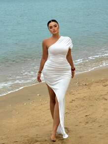 Flirla Plus Size Women Solid Asymmetric Neck Ruffle Slit Thigh Dress - White - View 1