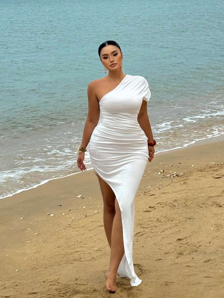 Flirla Plus Size Women Solid Asymmetric Neck Ruffle Slit Thigh Dress - White - View 1