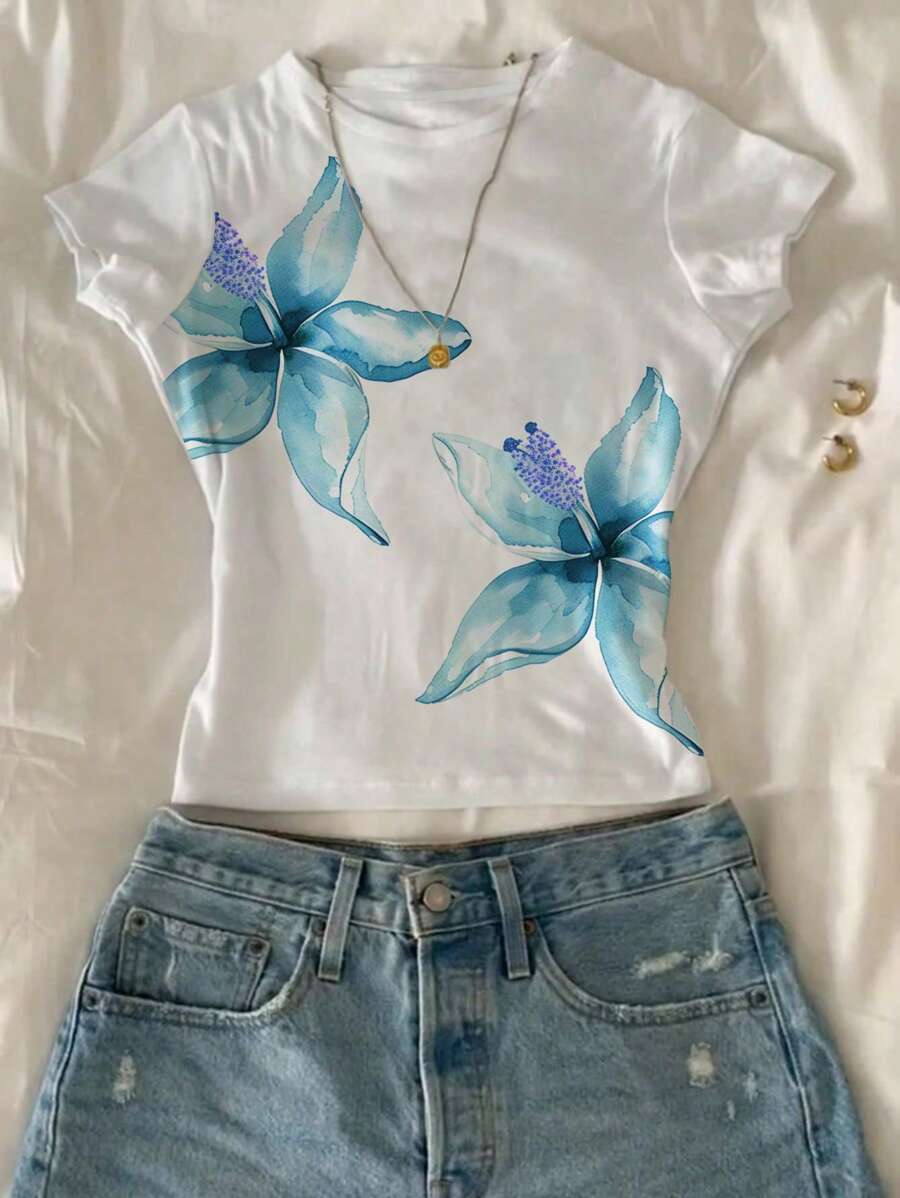 Áo thun nữ cổ tròn ngắn tay in hình hoa Lily - trắng - Xem 1