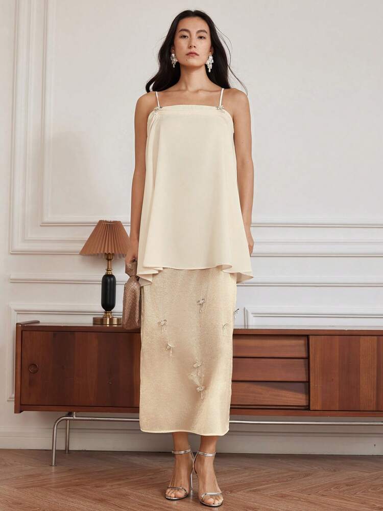 Women's Elegant Summer Wedding Party Dress With 3D Floral Decor, Rhinestones, Beading, Shiny Sequins, Satin Slip Dress, Illusion Mesh, Midi Length,Casual Women Dresses