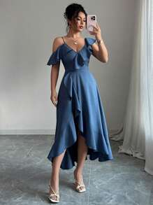 Elenzga 优雅夏季不对称荷叶边牛仔效果连衣裙 - 藍色 - 查看 1