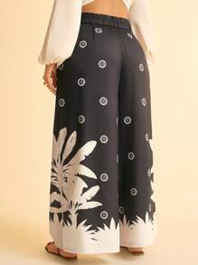 CAJUNI Plus Size Women's Tropical Banana Tree Print Loose Wide Leg Extra Long Pants, Casual And Vacation Style