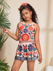 SHEIN Tween Girls Casual Fitted Vacation Beach Tropical Floral Print Crop Top And Printed Shorts Set