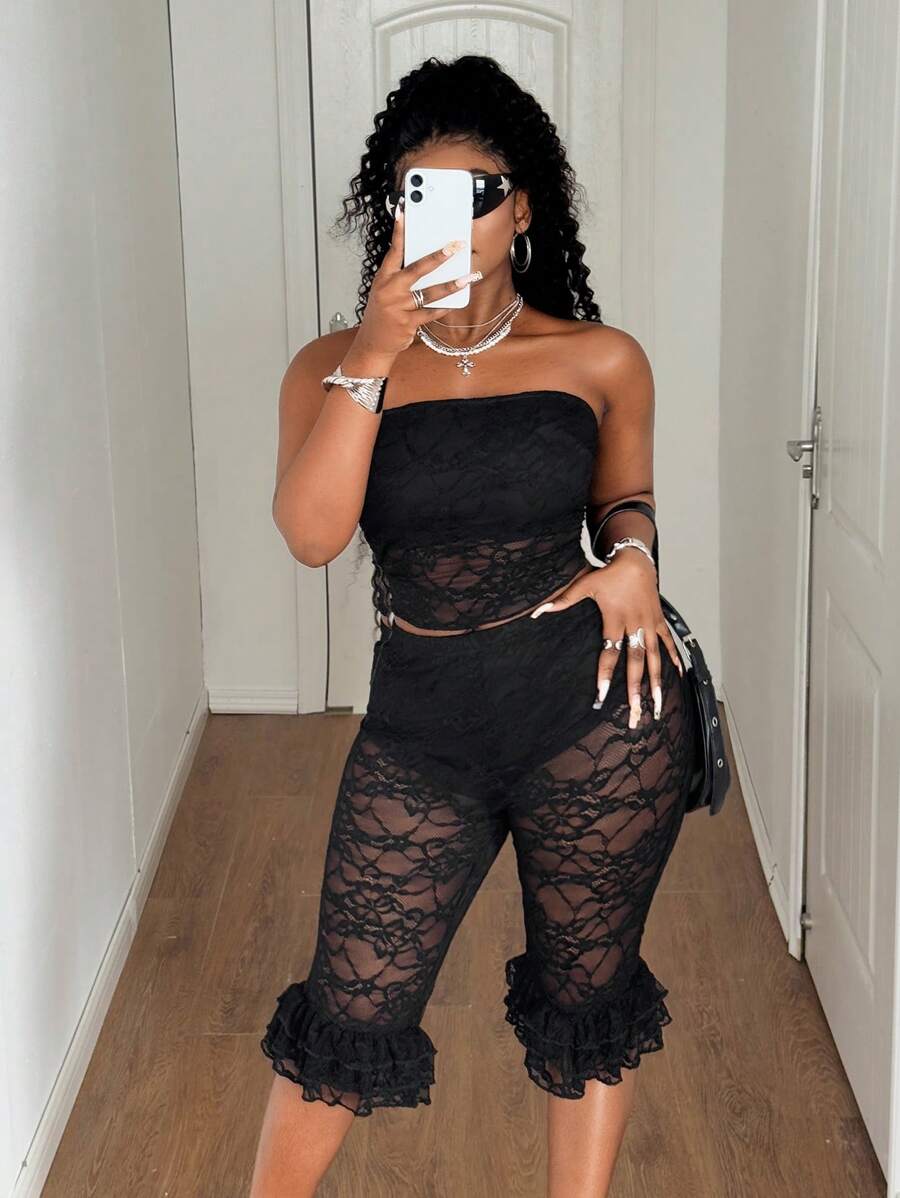 Maweii Bộ 2 áo crop top ren gợi cảm cỡ lớn màu đen và quần dài 3/4, mặc khi hẹn hò, mặc hàng ngày - màu đen - Xem 1