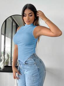 SHEIN SXY Summer Sexy Mock Neck Asymmetrical Hem Tank Top - Blue - View 5