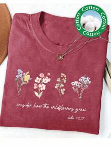 Considera cómo crecen las flores silvestres, Impresión de Lucas 12:27 Camiseta de mujer de manga corta - Color caoba - Ver 3