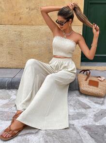 SHEIN Frenchy 女装夏季简约纯色短款束腰上衣和阔腿裤两件套度假日常装女夏装两件套女度假装女夏两件套两件套夏季套装女夏装 - 杏色 - 查看 3