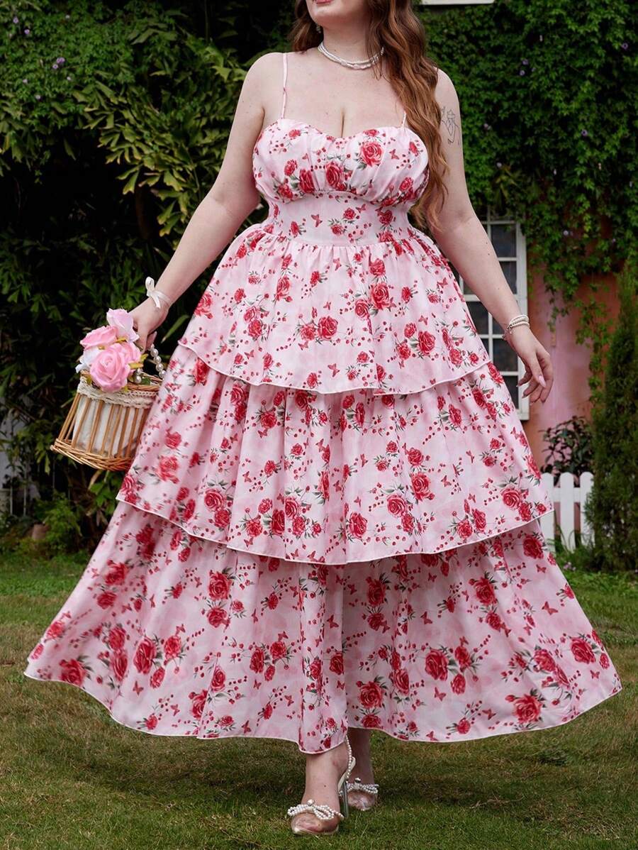 Flirla Plus Size Vacation Style Square Neck Sling Gathered Waist Ruffle Hem Long Dress - Multicolor - View 1