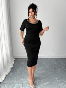 Elenzga Vestido fluido negro para mujeres de talla grande, cuello en V con encaje floral dorado y mangas con flecos, apto para fiestas, banquetes, citas, bodas, primavera/verano - Negro - Ver 8