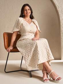 Chikora 加大码郁金香袖斗篷紧身优雅休闲婚礼宾客派对礼服，飘逸长款漂亮连衣裙女士连衣裙女士夏季连衣裙，女士春季连衣裙，优雅长袍女士夏季服装工作夏季连衣裙女装，毕业礼服，女士毕业礼服，白色毕业礼服，毕业装 - 杏色 - 查看 3