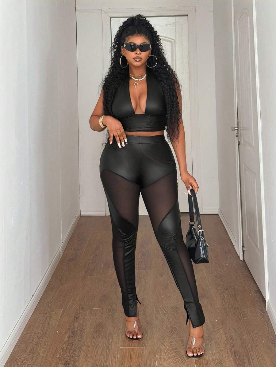 Maweii Plus Size Women Sexy Elastic Mesh & PU Patchwork Hollow-Out Slit Leggings Fall Cloth For Women - Black - View 1