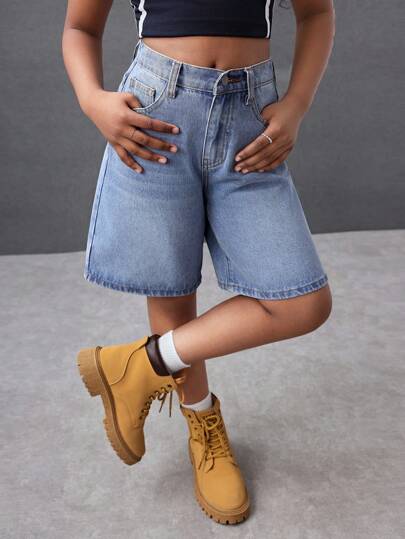 Pantalones cortos de mezclilla holgados y de cintura alta en azul claro lavado para niñas preadolescentes con estilo de moda Y2K y ropa urbana, shorts holgados y largos de mezclilla para verano, playa, vacaciones y estilo bohemio, atuendos casuales para conciertos, festivales y raves, atuendos de verano para brunch, iglesia, graduación y regreso a la escuela