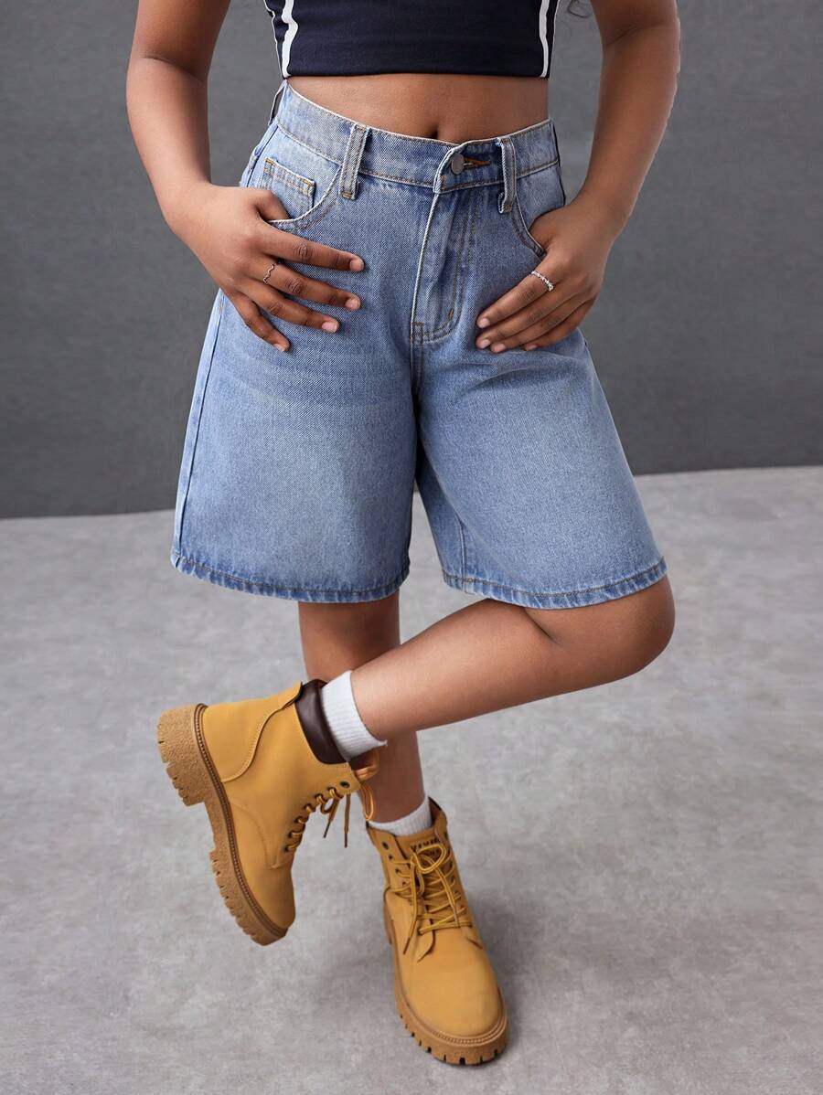 青少年女孩 Y2K 时尚街头服饰浅蓝色水洗牛仔宽松高腰百慕大短裤牛仔宽松长短裤，女孩夏季海滩波西米亚风度假短裤，夏季音乐会节日休闲狂欢装，女孩夏季早午餐教堂毕业装，街头服饰返校装 - 淺色水洗藍 - 查看 1