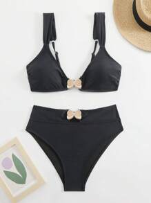 SHEIN 2pcs Set New Solid Color Metal Accessory Halter Bikini High Waist Swimsuit, Beach Vacation Bikini Set - Black - View 5