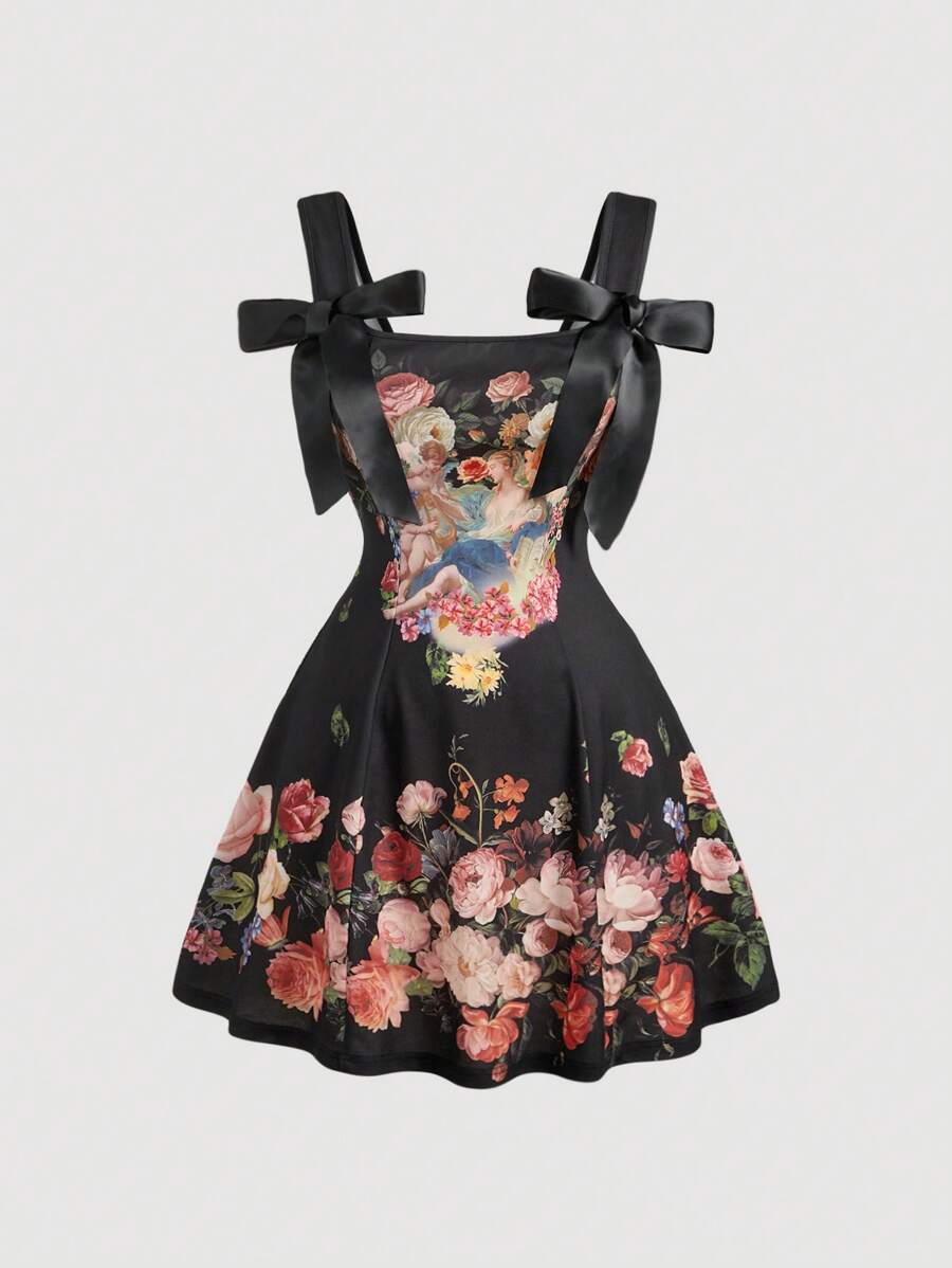 SHEIN MOD Vestido de talla grande con estampado y lazo de moño, vestido con estilo retro de palacio