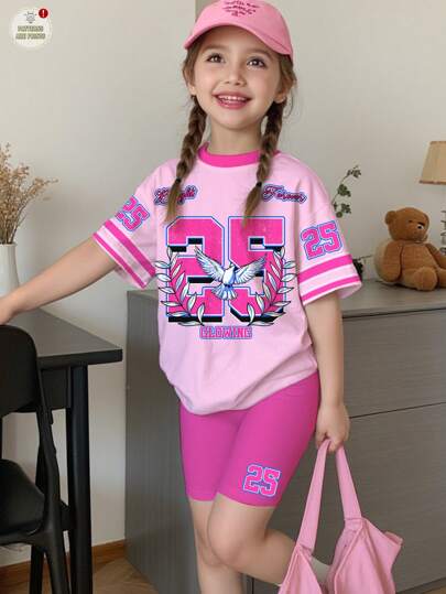 SHEIN 2pcs Young Girl Casual Minimalist Graphic Number 25 & Design, Sports Style Outfit, Short Sleeve T-Shirt & Shorts Set, Summer