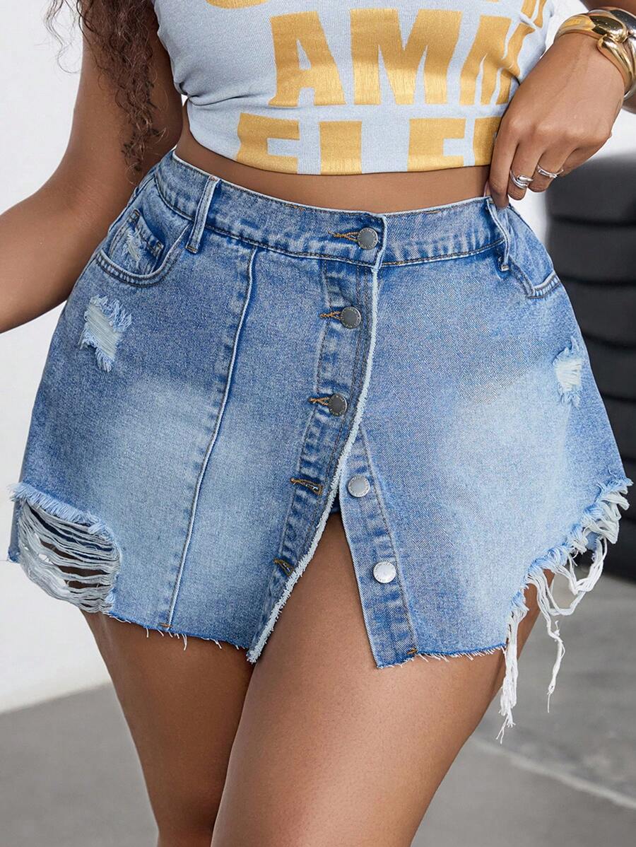 SHEIN EZwear Plus Size Blue Ripped Denim Skort, Casual Fitted Style, Mother's Day,4th Of July,Graduation,Brunch Women Plus Size Asymmetrical Hem Blue Denim Skort Summer - Blue - View 1
