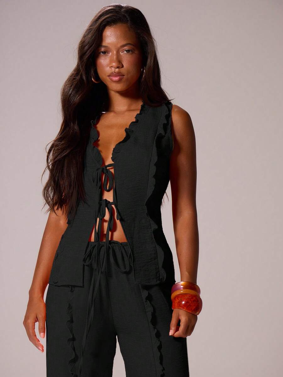 MUSERA 双系带亚麻质感前褶边无袖上衣，适合伊比沙岛度假、节日、海滩、浪漫优雅的生日、婚礼宾客、可爱上衣、外出上衣、俱乐部、秋季派对、优雅春夏穿着。 - 黑色 - 查看 1