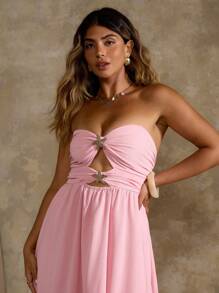 Flirla Váy chiffon hở vai màu hồng thanh lịch kiểu Pháp mùa hè cỡ lớn cho nữ - Hồng - Xem 5