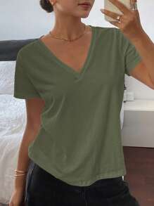DAZY Camiseta holgada de mujer de unicolor con cuello en V profundo, casual de verano, para uso casual en la oficina - Verde - Ver 3