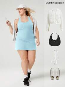 GLOWMODE FeatherFit™-Air Plus Size Peekaboo Strappy Dress With Built-In Anti-Slip Shorts Low Impact Yoga Daily Summer Dress Black Drss Quick Dry Moisture Wicking