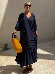 Livesso Vestido largo de lino de color liso casual de vacaciones para mujer - Neblina azul - Ver 4