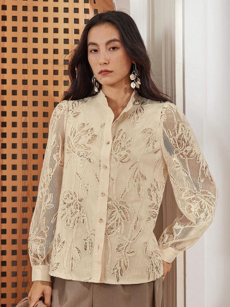 Elegant Commuting Women See-Through Lace Mesh Patchwork Shiny Sequin Design Long Sleeve Business Casual Blouse,Fall Women Clothes