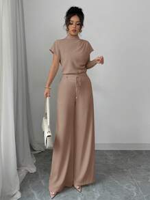 Chiquease 优雅休闲杏色梭织圆领无袖女衬衫，杏色梭织阔腿裤，女款两件套 - 卡其色 - 查看 6