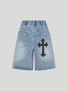 SHEIN Explorewe 青少年女孩 Y2K 牛仔短裤，休闲舒适水洗蓝色刺绣牛仔短裤，适合青少年女孩的百搭日常穿着，松紧腰带