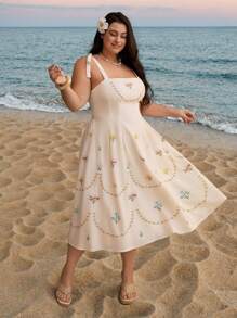 SHEIN MOD Plus Size Women Beige Vintage Floral Print Bowknot Waist Dress, Apricot Base Placement Print Plus Size Women Long Dress,Summer Dresses,Positioning Printing,Short Sleeves,Boho Chic Dress