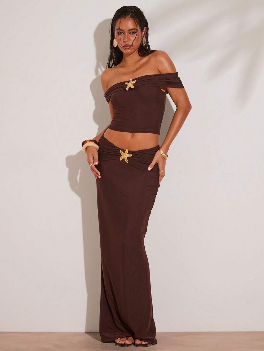 SHEIN BAE Brown Boho Mesh Knitted Off-Shoulder Starfish Metal Detail Off-Shoulder Top Suitable For Vacation Spring And Summer Elegant Sexy Beach Vacation Summer Top, Ibiza, Holiday, Cute, Romantic, Festival, Vacation Island Vacation, Beach - Brown - View 1