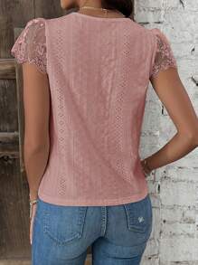 SHEIN Frenchy 女款蕾絲拼接短袖紋理面料夏季T恤 - 藕粉色 - 查看 4