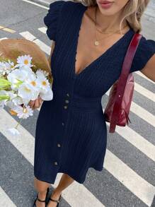 SHEIN Frenchy 女式夏季 V 领荷叶边松紧腰迷你连衣裙 - 藏蓝色 - 查看 6