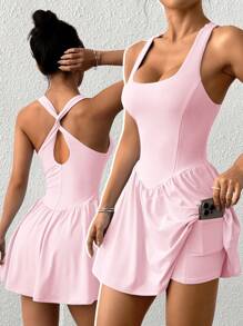 SHEIN EZwear 纯色工字背休闲连衣裙配短裤 - 粉色 - 查看 1