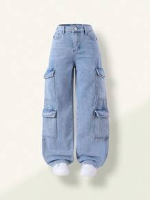 SHEIN Casuvi Kids Tween Girl Y2K 超大多口袋水洗浅蓝色工装牛仔裤休闲街头风裤子 - 淺色水洗藍 - 查看 7