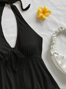 Soleia Plus Size Casual Vacation V-Neck Bowknot Halter Backless Babydoll Top, Perfect For Vacation, Suitable For Summer Halter Top Tie Front Top,Holiday Outfits For Women