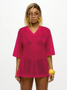 SUMWON WOMEN Beach Cover Up Mesh V-Neck Sports Jersey Style Oversized Club Swimming Pool Resort Summer Athleisure Cabana Cover Up - Hot Pink - View 2