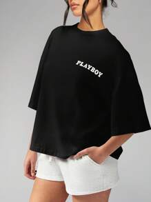 Missguided x Playboy Oversized Graphic Logo T-Shirt With Cool Logo Print Essential Streetwear Cotton Blend Relaxed Fit Fashion Basic Summer Spring Casual Classic Look - Black - View 5