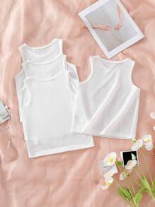4pcs/Pack Young Girls' Simple Solid Color Perforated Bow Sleeveless Basic Casual White Tank Top, Summer - White - View 3