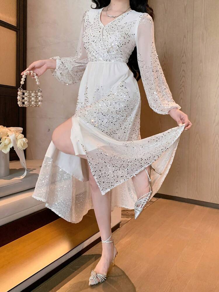 Sequins V-Neck Puffed Sleeve Split Hem Women's Long Dress,Fall Dress Long Sleeve Dress Luxury Prom Dress Elegant Women Dresses New Year Eve Dress Sparkly Dress