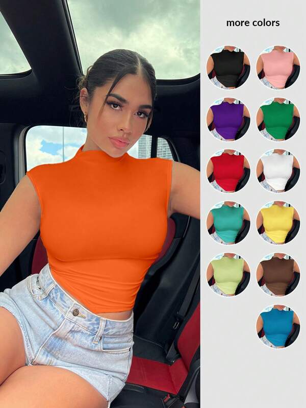 SHEIN SXY Summer Solid Mock Neck Tee