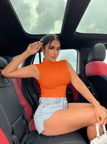 SHEIN SXY Summer Solid Mock Neck Tee - Orange - View 4