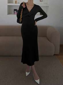 DAZY Gaun Bodycon Lengan Panjang Model Duyung untuk Wanita, Gaun Maxi Musim Gugur - Hitam - View 10